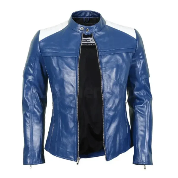 Blue Genuine Racing Leather Jacket For Men